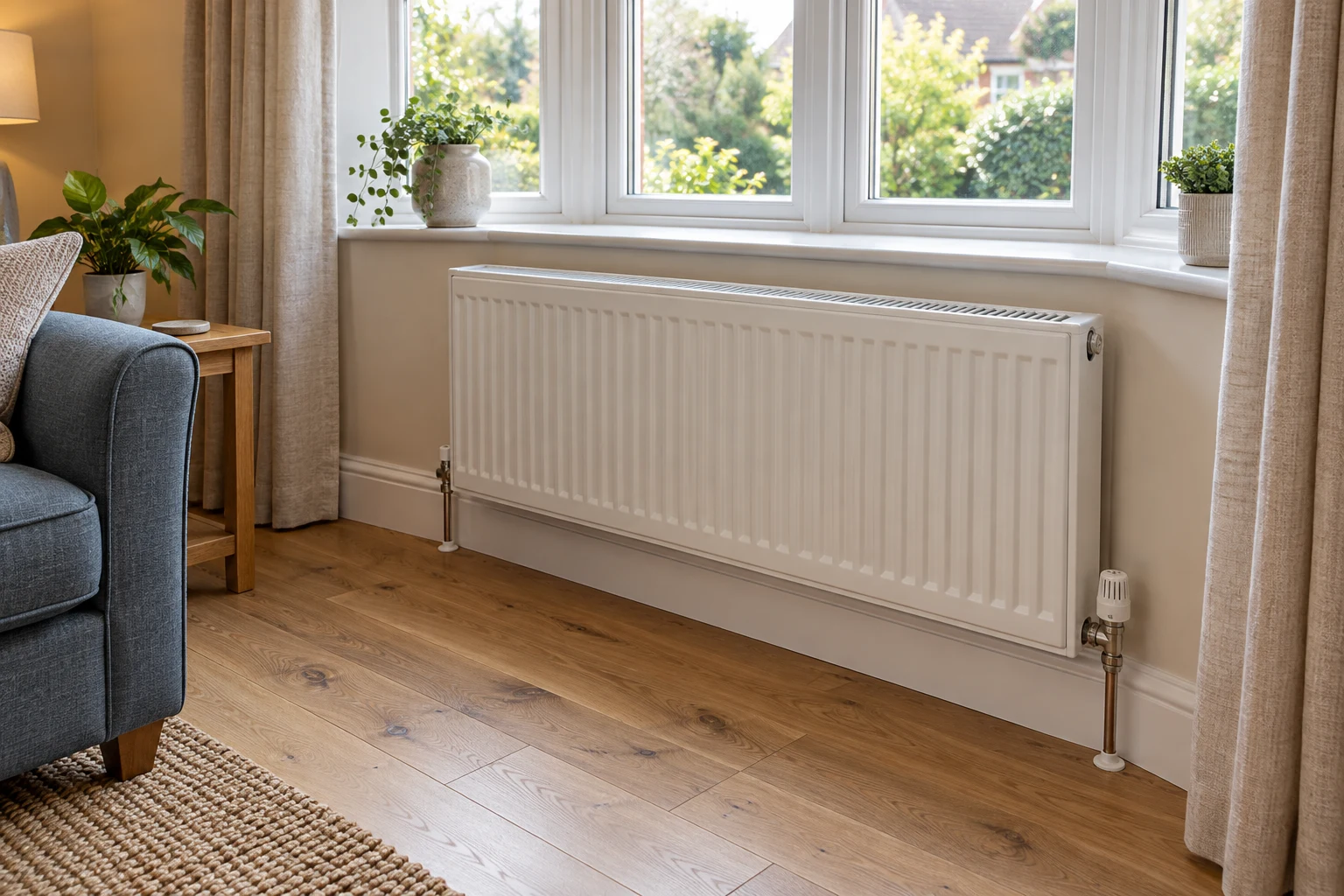 Finished white radiator under bay window